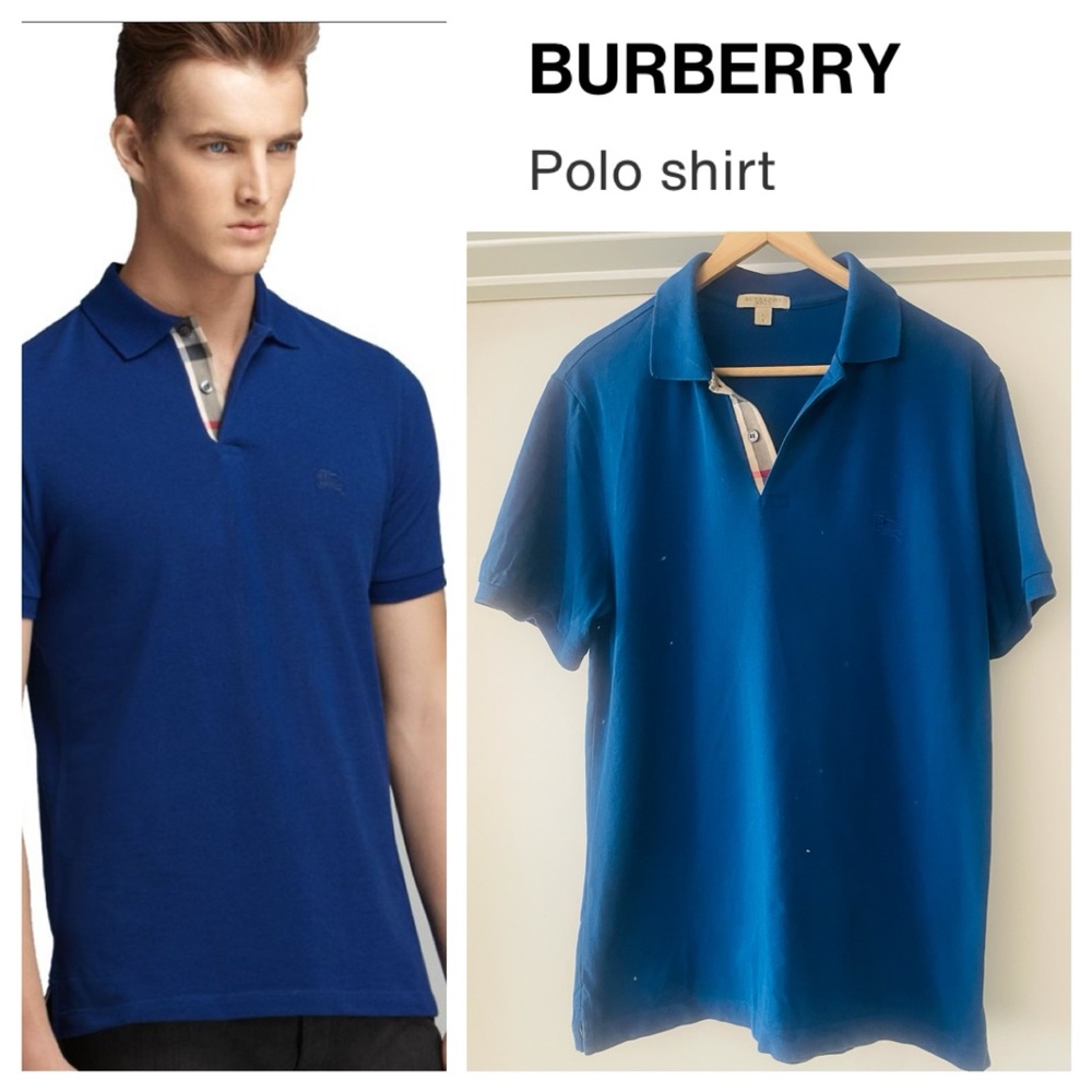 BURBERRY BRIT Mens Short Sleeve Blue Polo Shirt With Signature Nova Print Trim